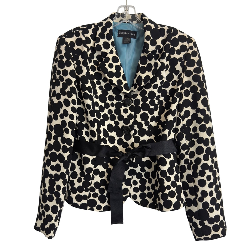 Chapter One Womens Polka Dot Blazer Black Cream Button Front Ribbon‎ Tie Size 6
